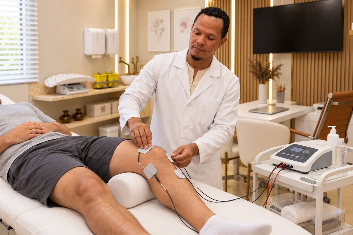 Fisioterapeuta da CEMI aplicando eletroterapia no joelho de um paciente